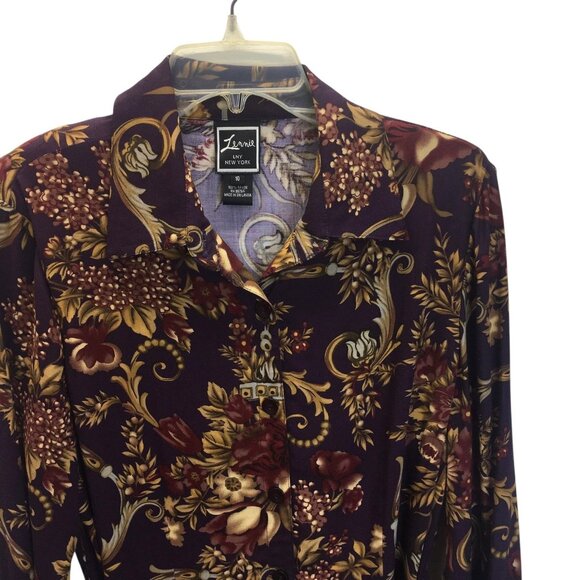 Old Money Classic Shirt Dress Womens 10 Purple Floral Button Belted Rayon - Picture 11 of 15